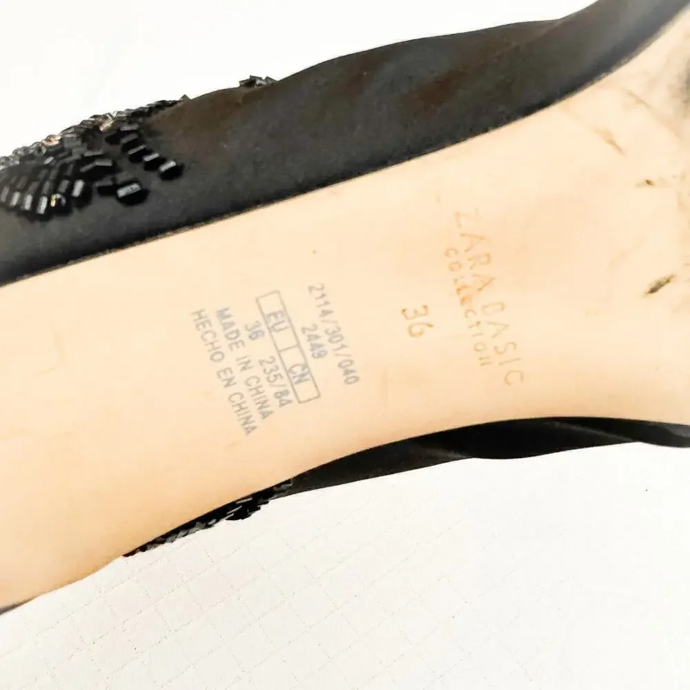 Zara Satin Embroidered Sequin Embellished Black Pointy Toe Booties Size 36